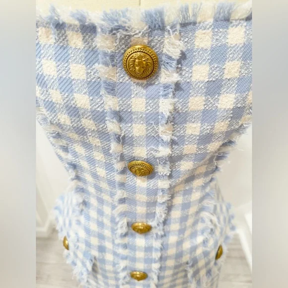 BALMAIN Blue & White Frayed gingham cotton-blend tweed Mini Dress FR36